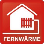 Logo Fernwärmeversorgung Schriftzug Fernwärme auf roter Kachel darüber ein weißes Haus mit rotem Heizkörper