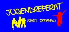 Blaues Banner. Links unten 3 gelbe Schattenfiguren, rechts eine rote springende Schattenfigur. Schriftzug: Jugendreferat Stadt Oppenau
